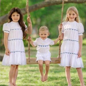 Feltman Bros White Smocked Girls' Dress with Blue Trim